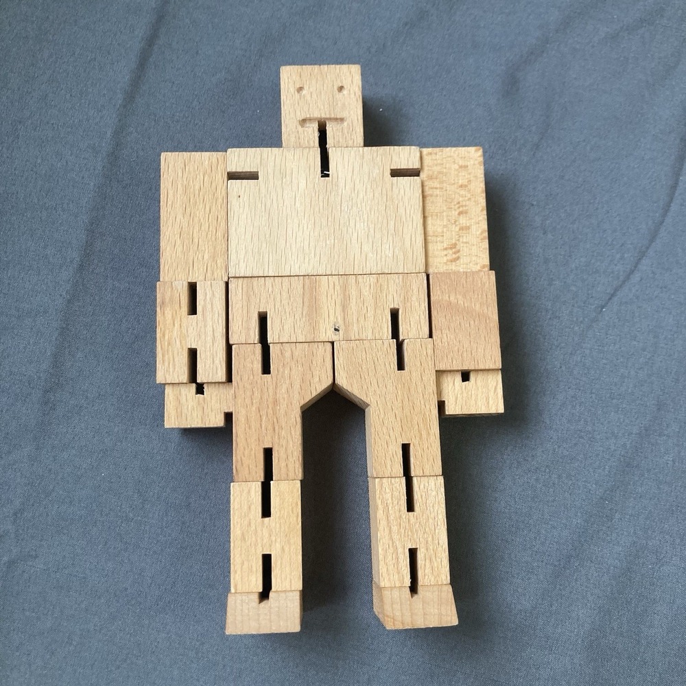Cubebot Areaware by David Weeks Studio Natural Wood Cube Puzzle Robot Decor 8"